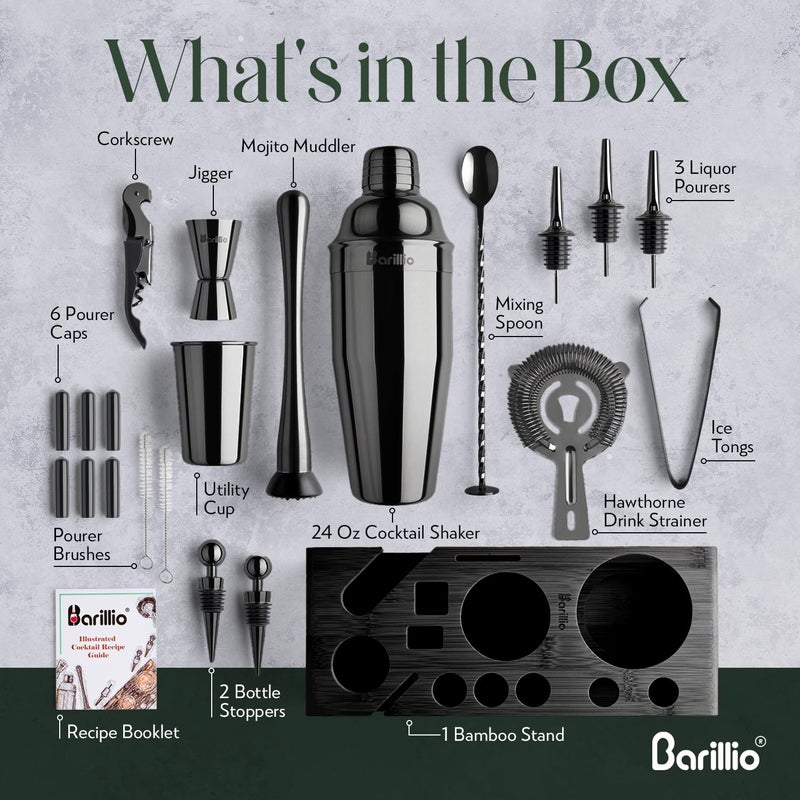 Barillio Black Bartender Kit - Stainless-Steel Cocktail Shaker Set w/Black Bamboo Stand - Mixology Bar Tools w/Drink Shaker  Mixer and Muddler for Cocktails - Home Bar Accessories - 23-Pc Bar Set - Image 5